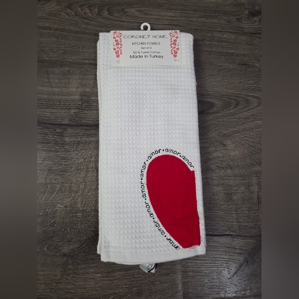 White Kitchen Towels (2) with Red Heart And " Amor " Design 100% Cotton NWT